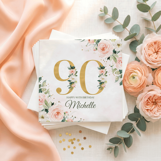 90th Birthday Napkins, Blush Peach Floral Gold, Personalized - Pretty Gifted
