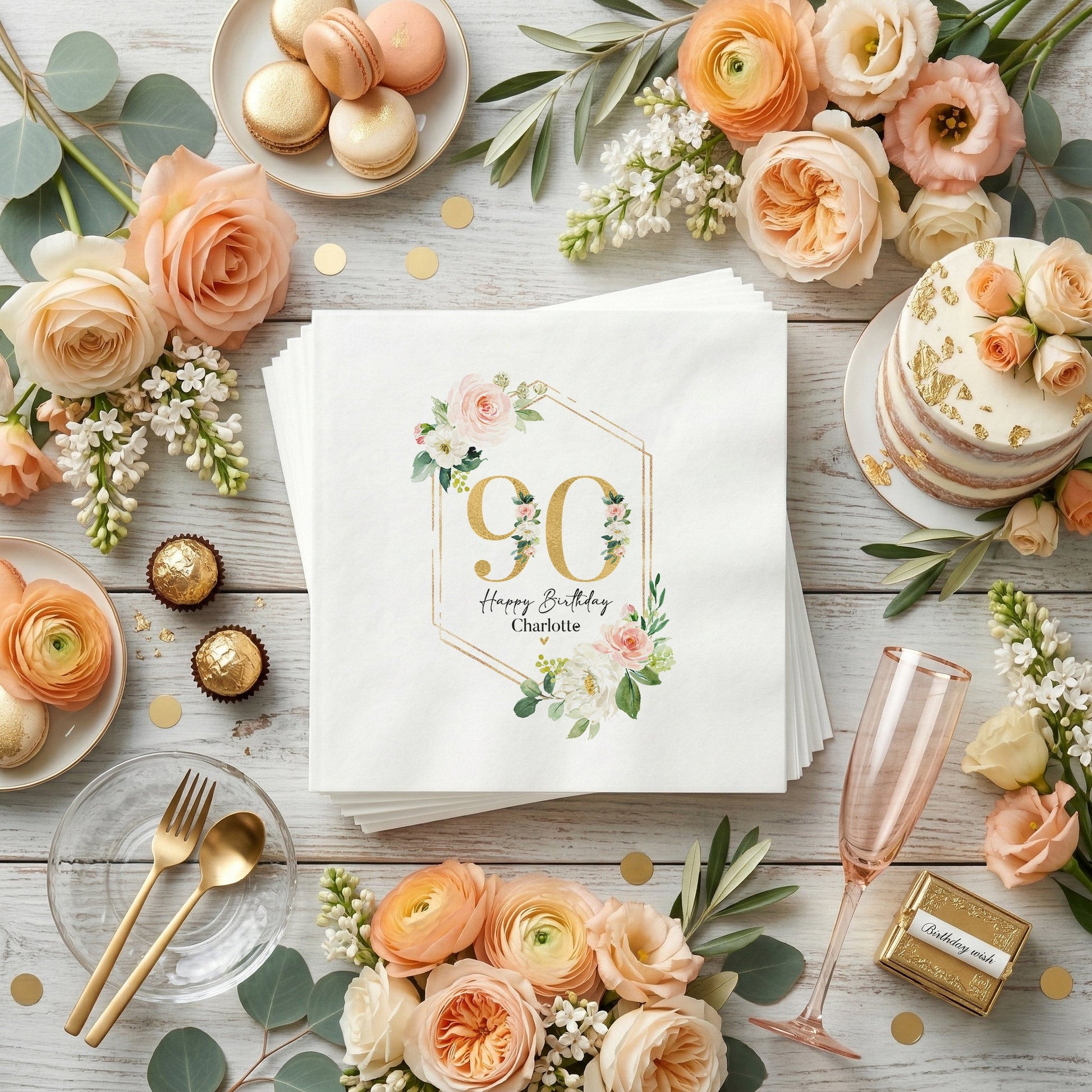 90th Birthday Napkins, Gold Geometric Peach Floral - Pretty Gifted