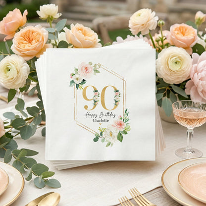 90th Birthday Napkins, Gold Geometric Peach Floral - Pretty Gifted