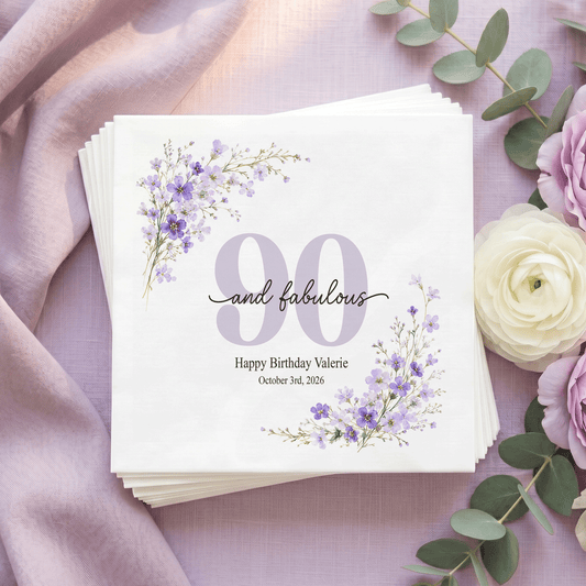 90th Birthday Napkins, Lavender Wildflowers and Lilac 90 - Pretty Gifted