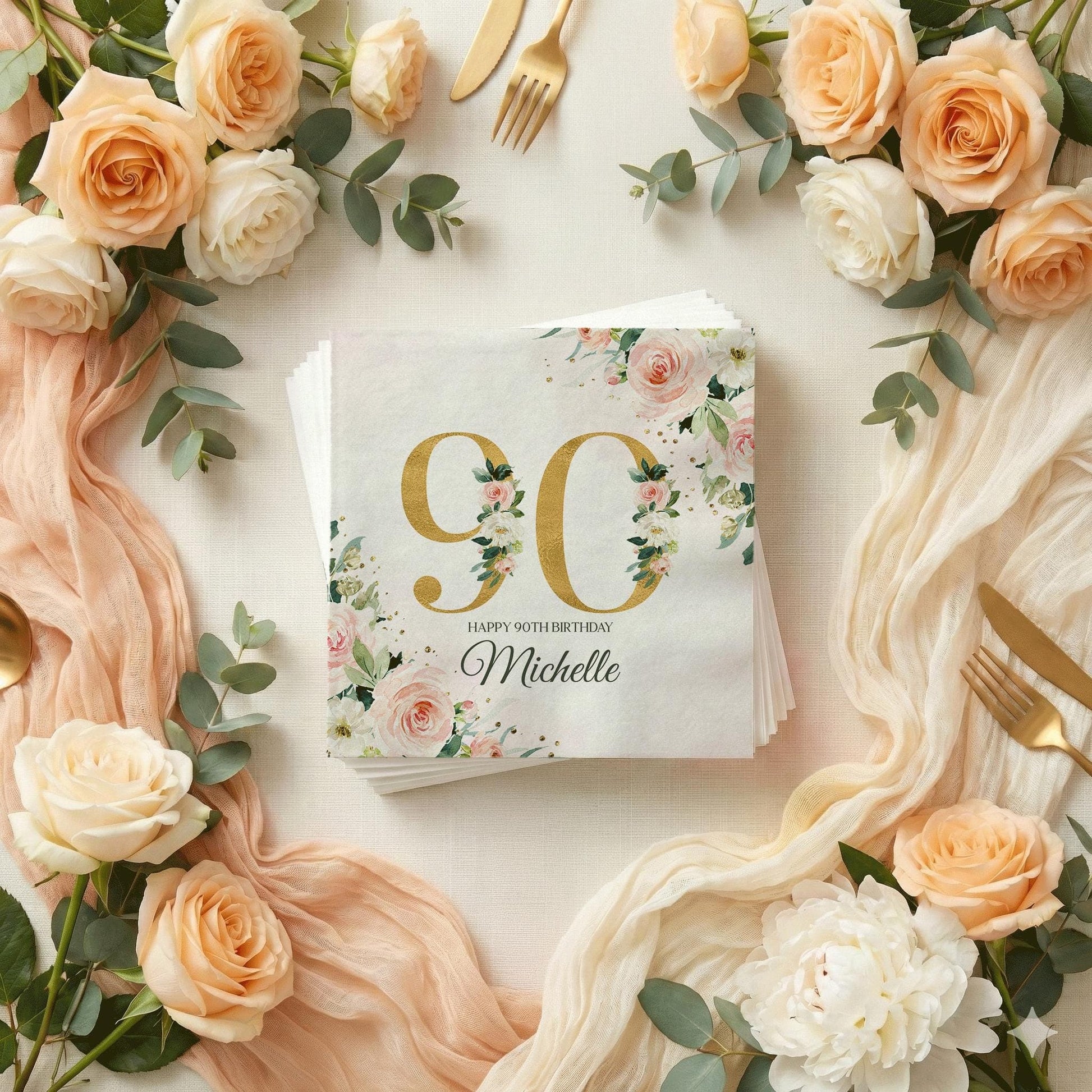 90th Birthday Napkins, Peach Floral Gold Personalized - Pretty Gifted
