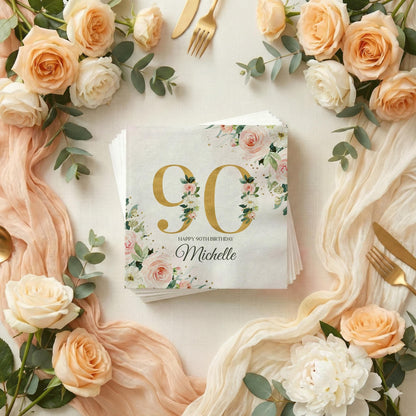 90th Birthday Napkins, Peach Floral Gold Personalized - Pretty Gifted