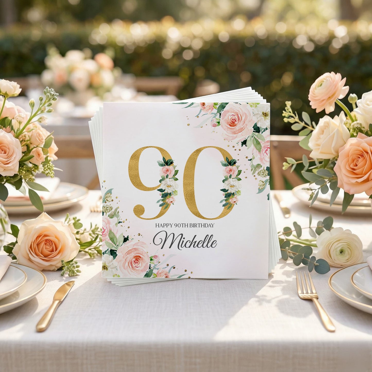 90th Birthday Napkins, Peach Floral Gold Personalized - Pretty Gifted