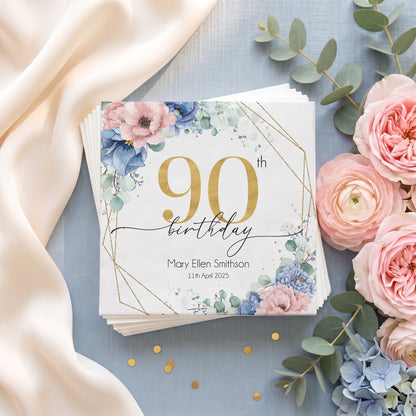 90th Birthday Napkins, Personalized Blue and Blush Floral - Pretty Gifted