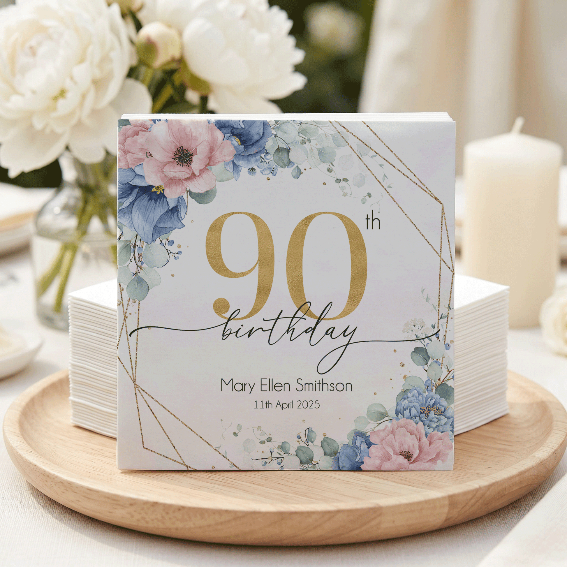 90th Birthday Napkins, Personalized Blue and Blush Floral - Pretty Gifted
