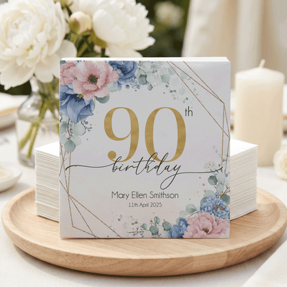 90th Birthday Napkins, Personalized Blue and Blush Floral - Pretty Gifted