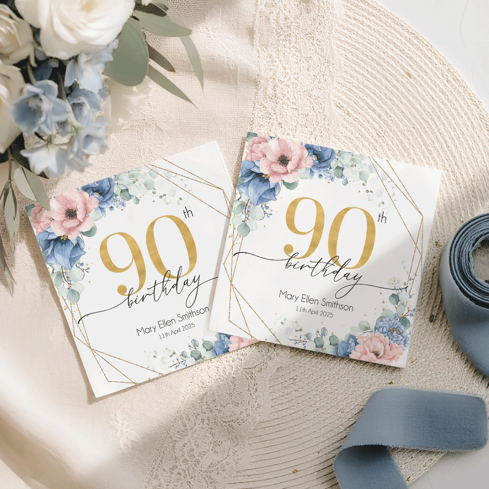 90th Birthday Napkins, Personalized Blue and Blush Floral - Pretty Gifted