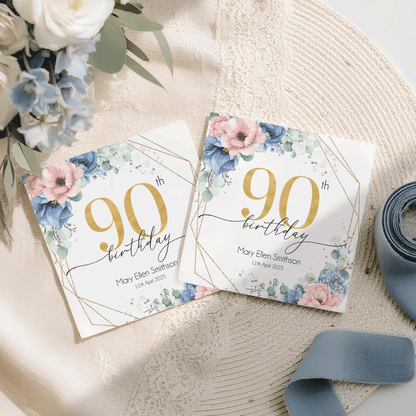 90th Birthday Napkins, Personalized Blue and Blush Floral - Pretty Gifted