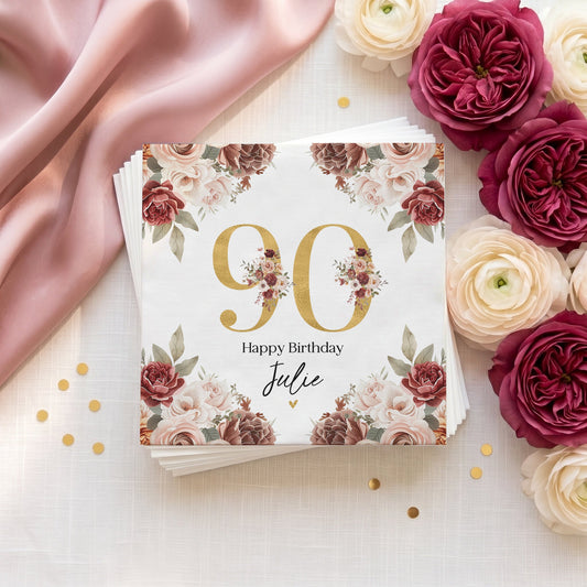 90th Birthday Napkins, Personalized Gold and Burgundy - Pretty Gifted