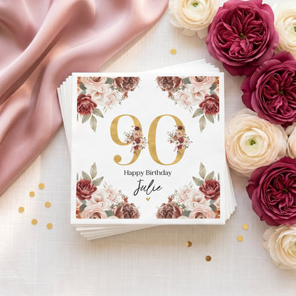90th Birthday Napkins, Personalized Gold and Burgundy - Pretty Gifted