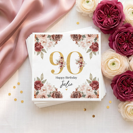 90th Birthday Napkins, Personalized Gold and Burgundy - Pretty Gifted