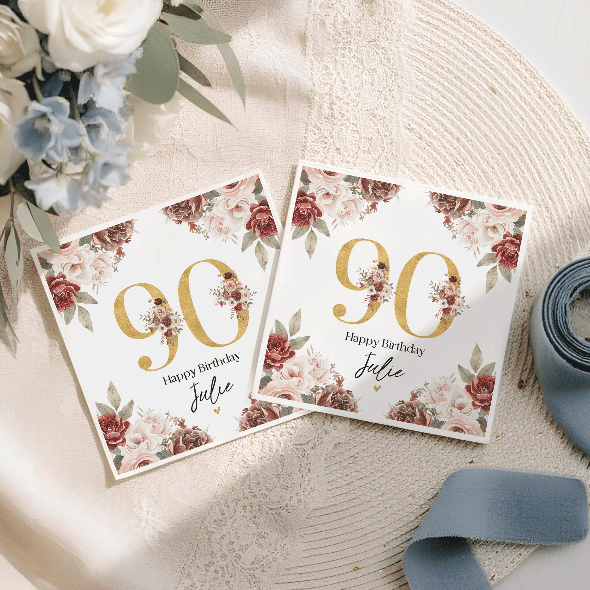 90th Birthday Napkins, Personalized Gold and Burgundy - Pretty Gifted