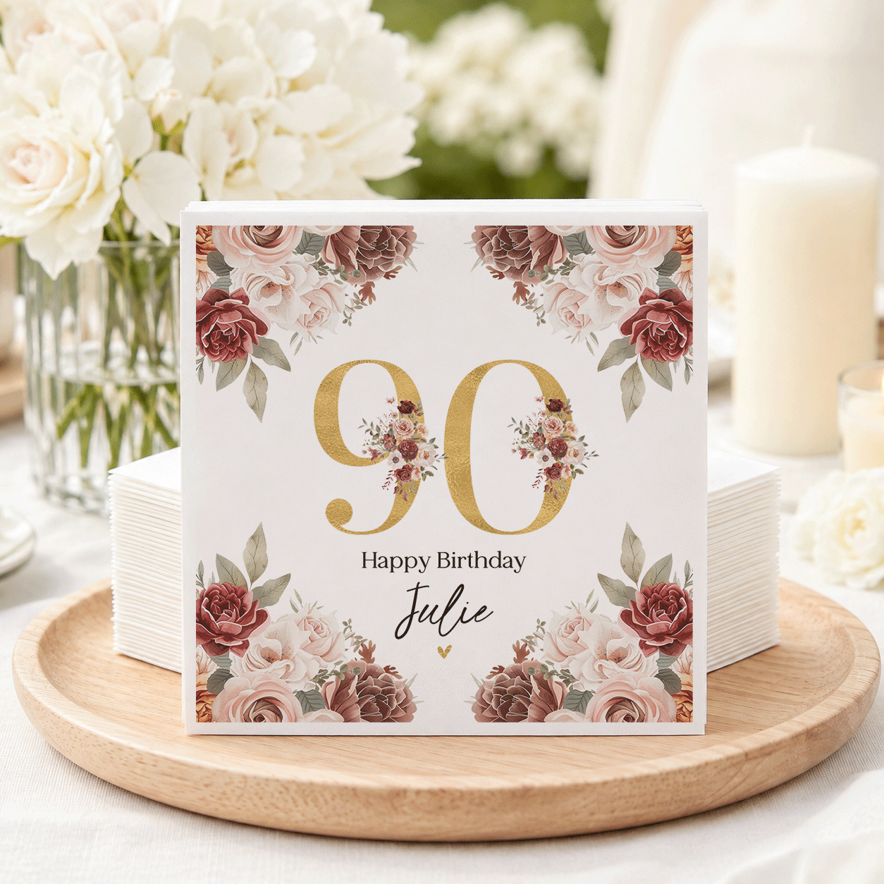 90th Birthday Napkins, Personalized Gold and Burgundy - Pretty Gifted