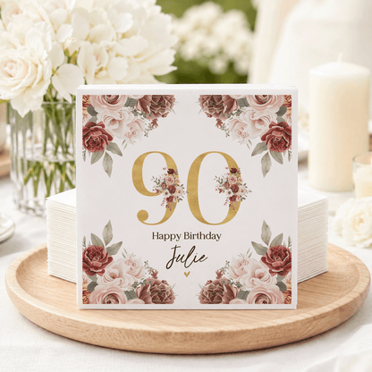 90th Birthday Napkins, Personalized Gold and Burgundy - Pretty Gifted