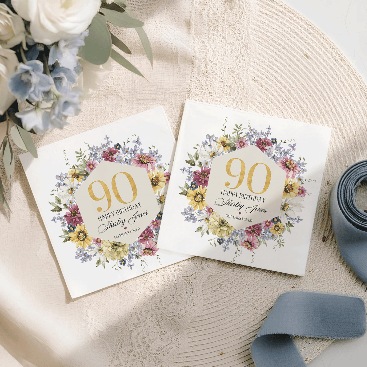 90th Birthday Napkins, Personalized Wildflower Floral - Pretty Gifted