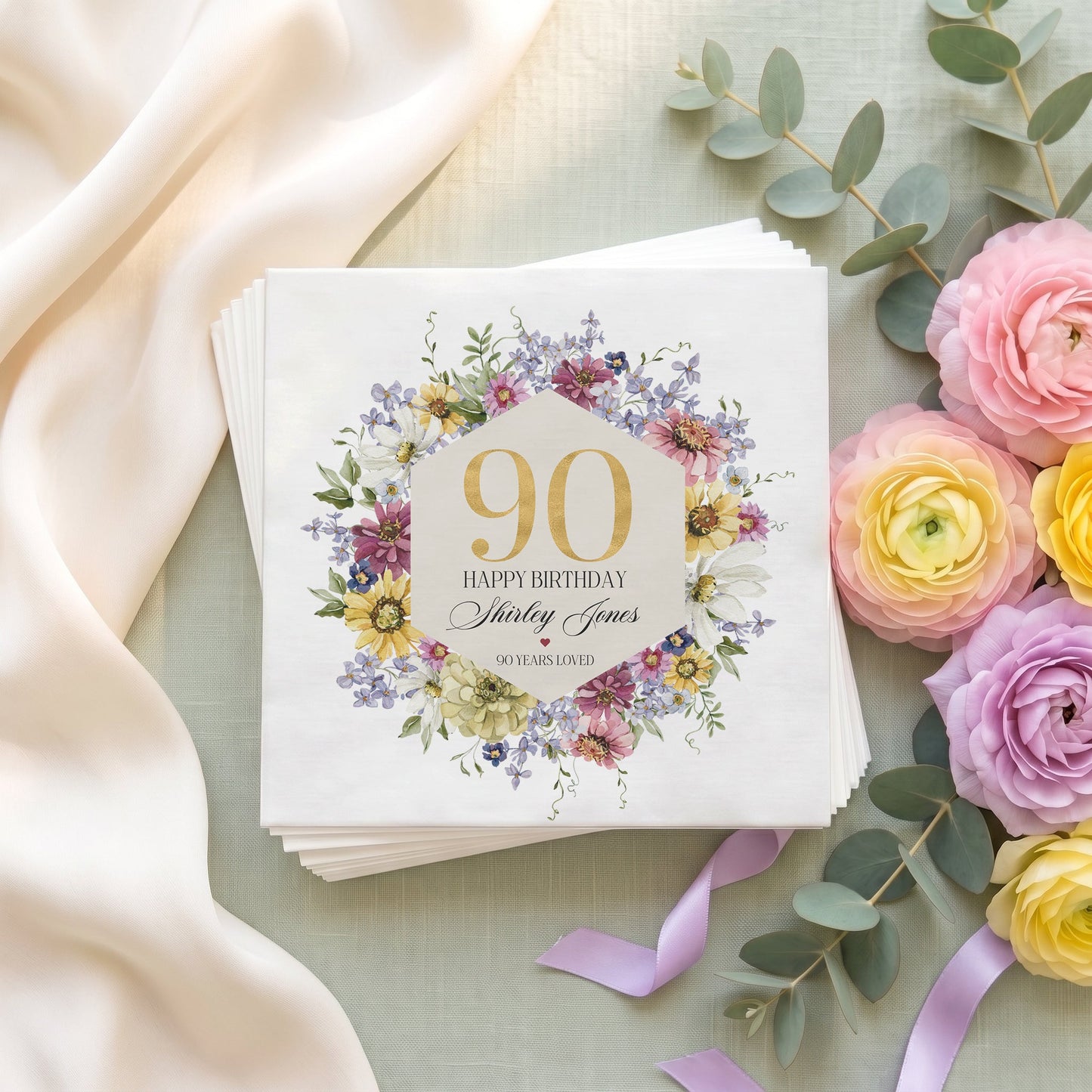 90th Birthday Napkins, Personalized Wildflower Floral - Pretty Gifted