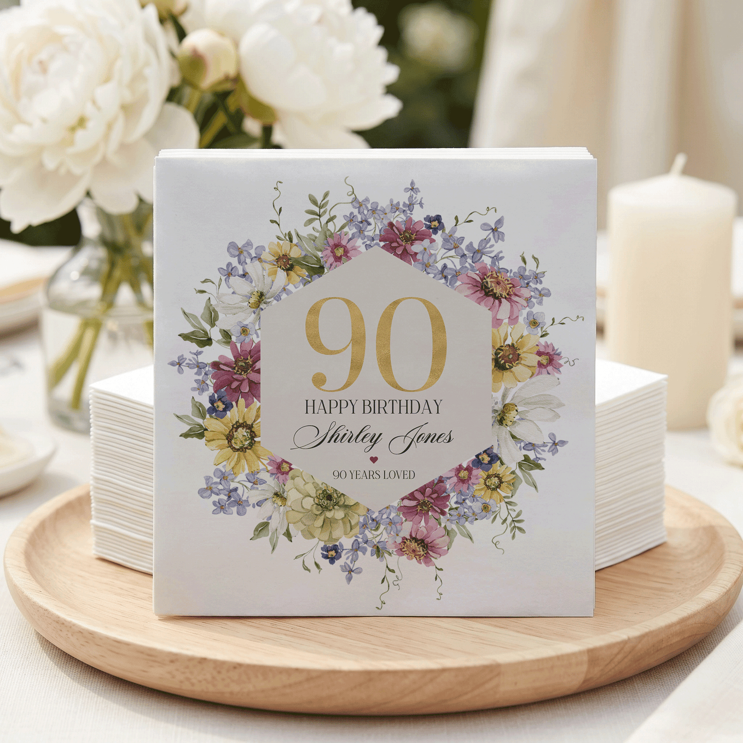 90th Birthday Napkins, Personalized Wildflower Floral - Pretty Gifted