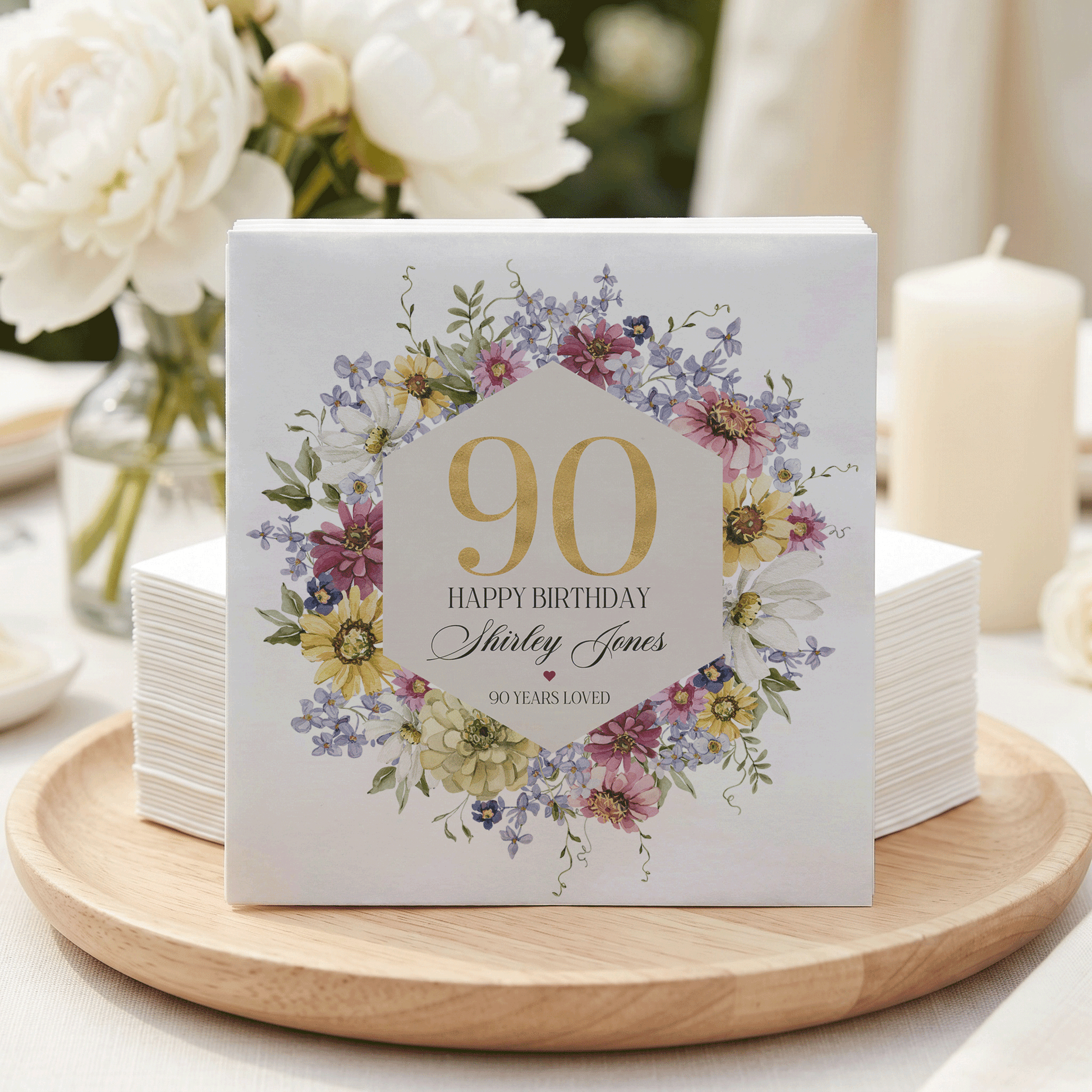 90th Birthday Napkins, Personalized Wildflower Floral - Pretty Gifted