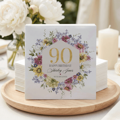 90th Birthday Napkins, Personalized Wildflower Floral - Pretty Gifted