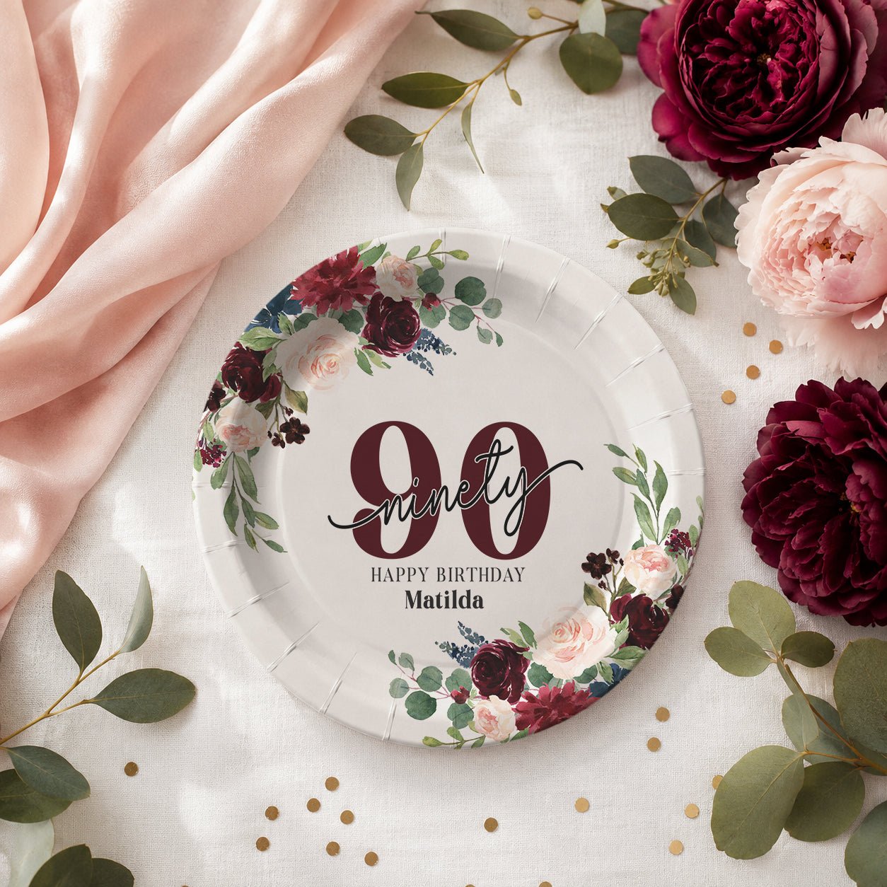 90th Birthday Plates, Personalized Burgundy Floral Design - Pretty Gifted