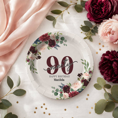 90th Birthday Plates, Personalized Burgundy Floral Design - Pretty Gifted