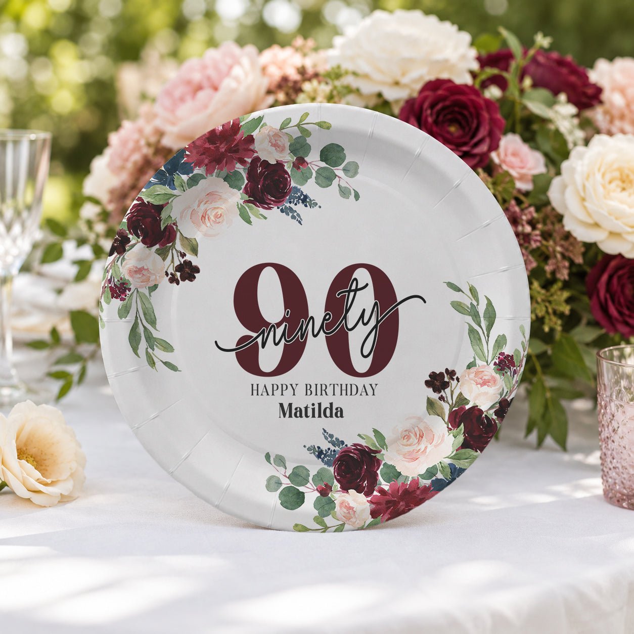 90th Birthday Plates, Personalized Burgundy Floral Design - Pretty Gifted