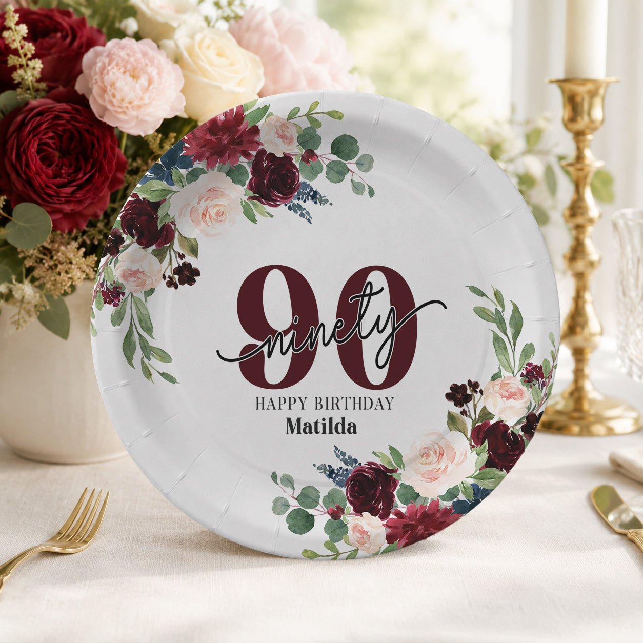 90th Birthday Plates, Personalized Burgundy Floral Design - Pretty Gifted