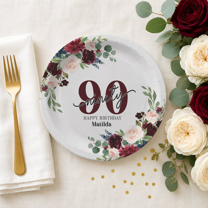 90th Birthday Plates, Personalized Burgundy Floral Design - Pretty Gifted