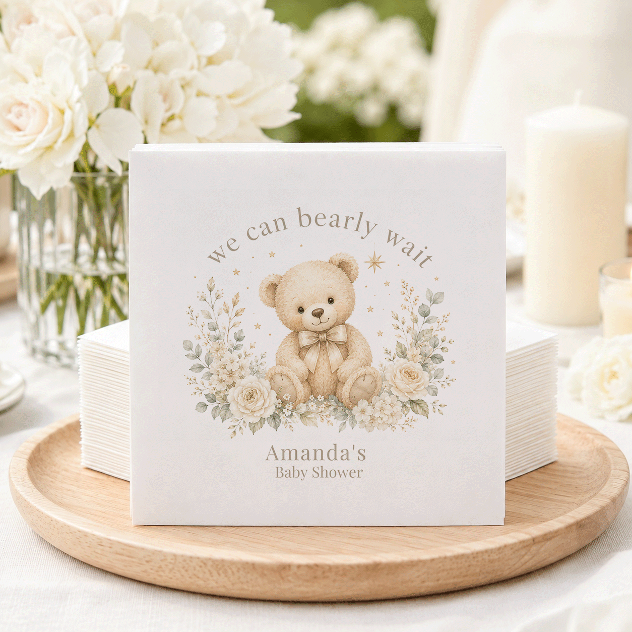 Teddy bear illustration with text "we can bearly wait" and "Amanda's Baby Shower".