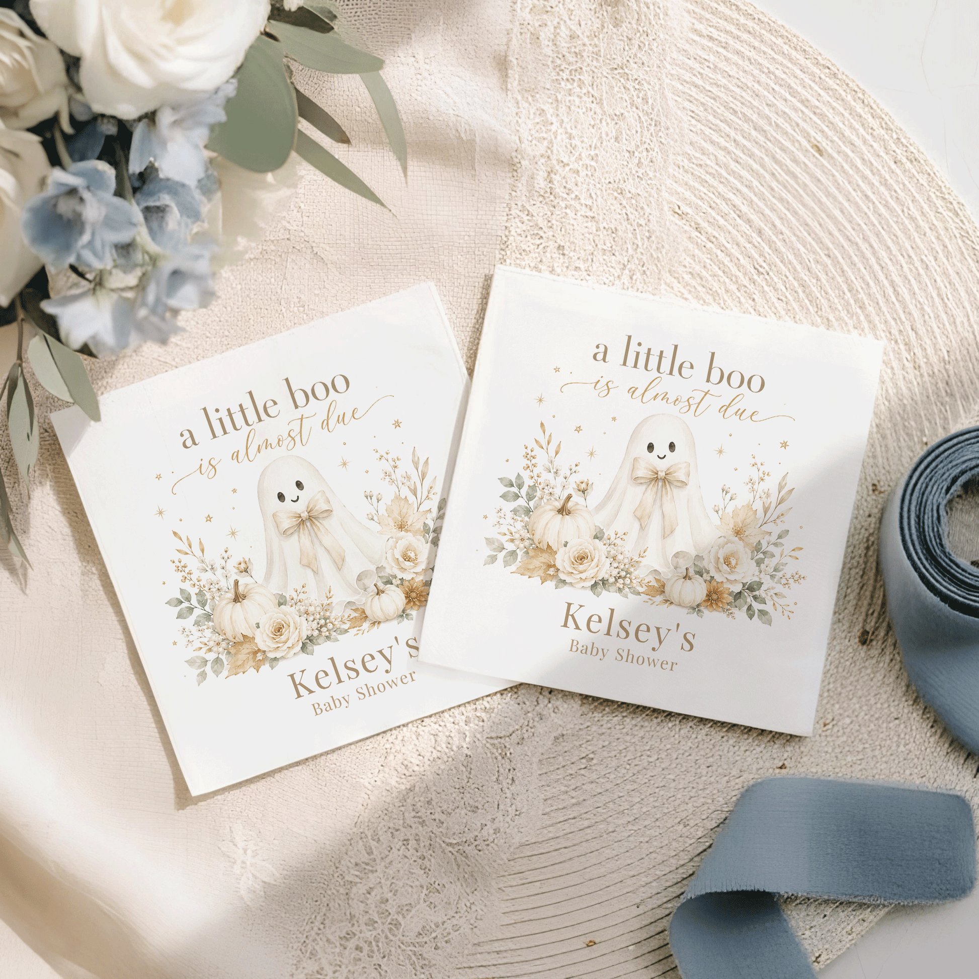 Two baby shower cards with ghost, pumpkins, and floral designs, reading "A little boo is almost due".