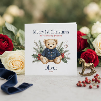 Grandson First Christmas Card, Heirloom Teddy Bear