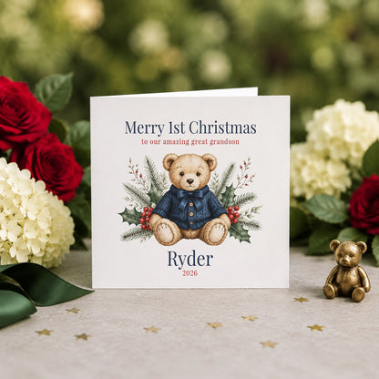 Great Grandson First Christmas Card, Heirloom Teddy