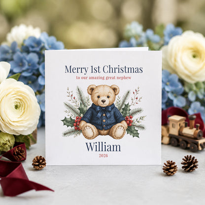 Great Nephew First Christmas Card, Heirloom Teddy