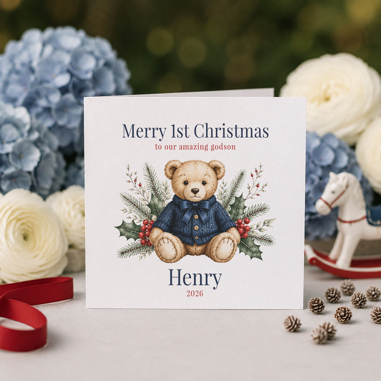 Godson First Christmas Card, Heirloom Teddy Bear