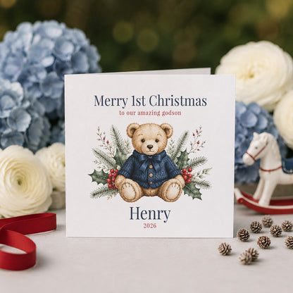 Godson First Christmas Card, Heirloom Teddy Bear