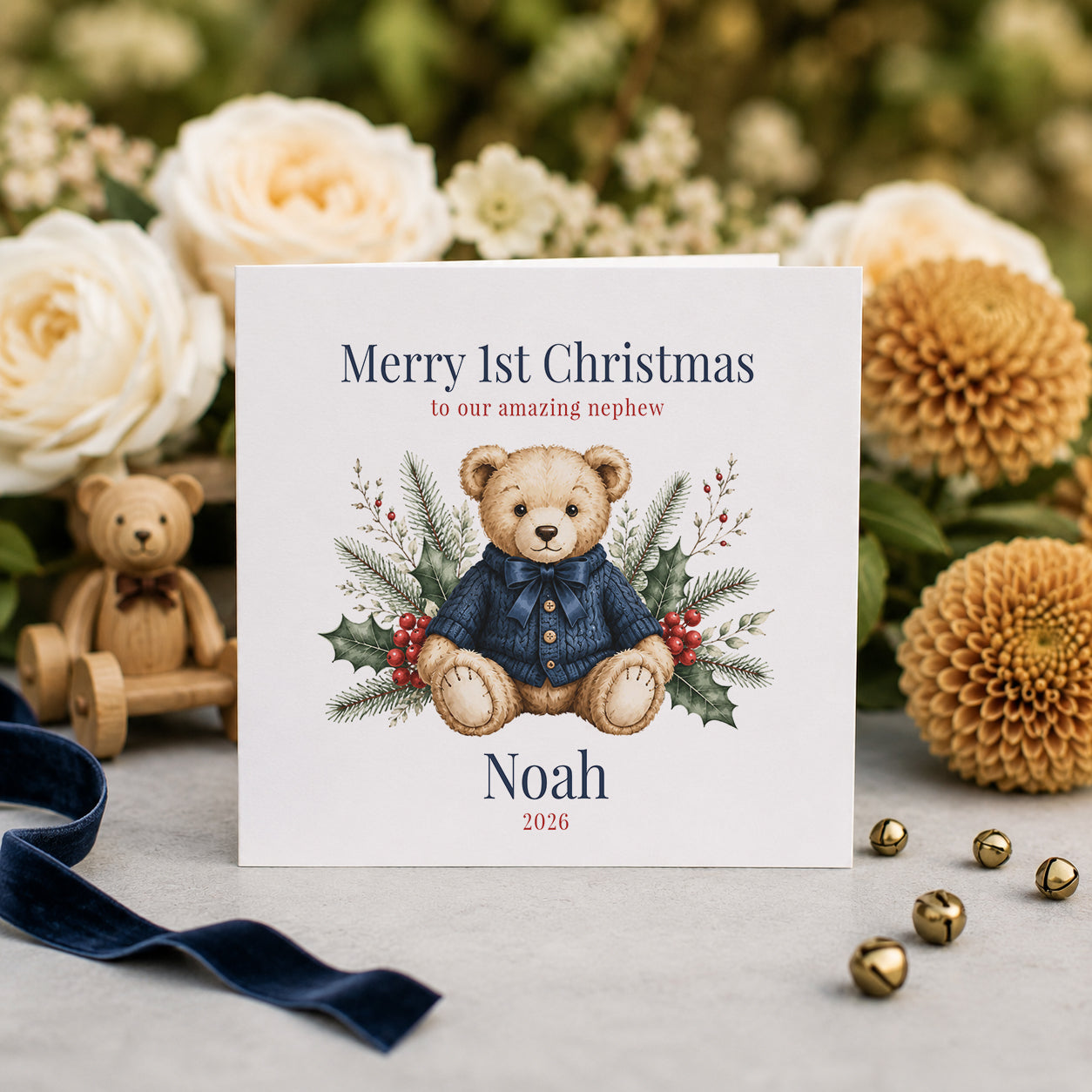 Nephew First Christmas Card, Heirloom Teddy Bear