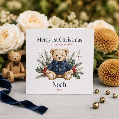 Nephew First Christmas Card, Heirloom Teddy Bear