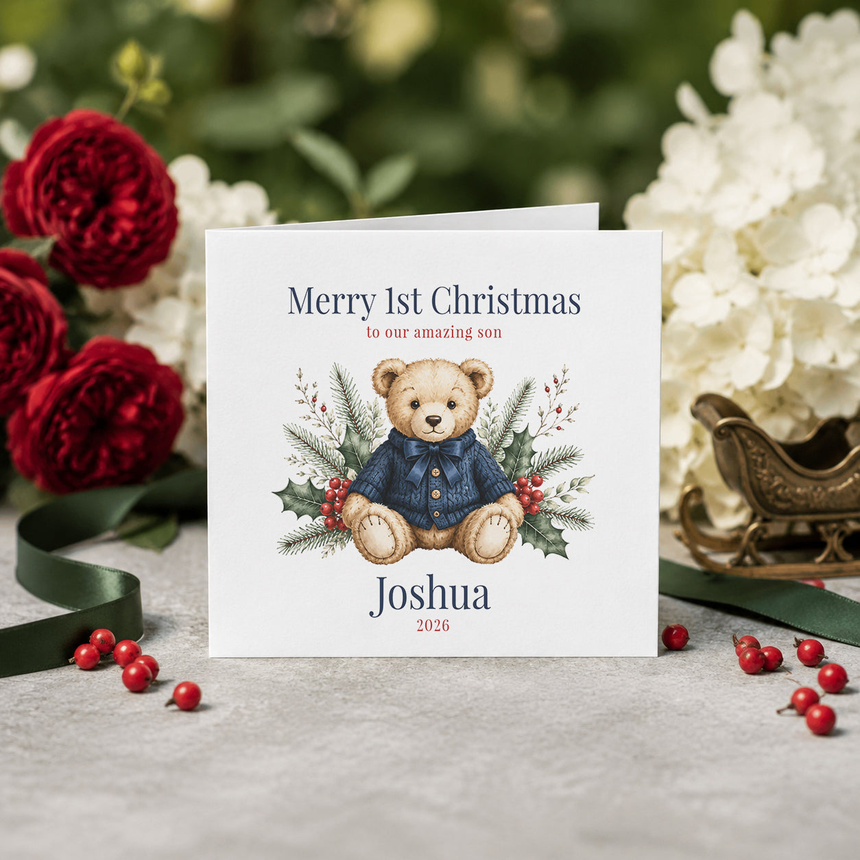 Son First Christmas Card, Heirloom Teddy Bear Keepsake