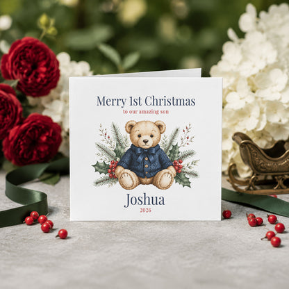 Son First Christmas Card, Heirloom Teddy Bear Keepsake
