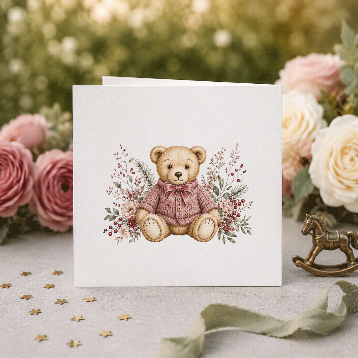 Daughter First Christmas Card, Dusty Rose Heirloom Teddy