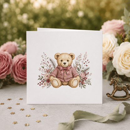 Daughter First Christmas Card, Dusty Rose Heirloom Teddy