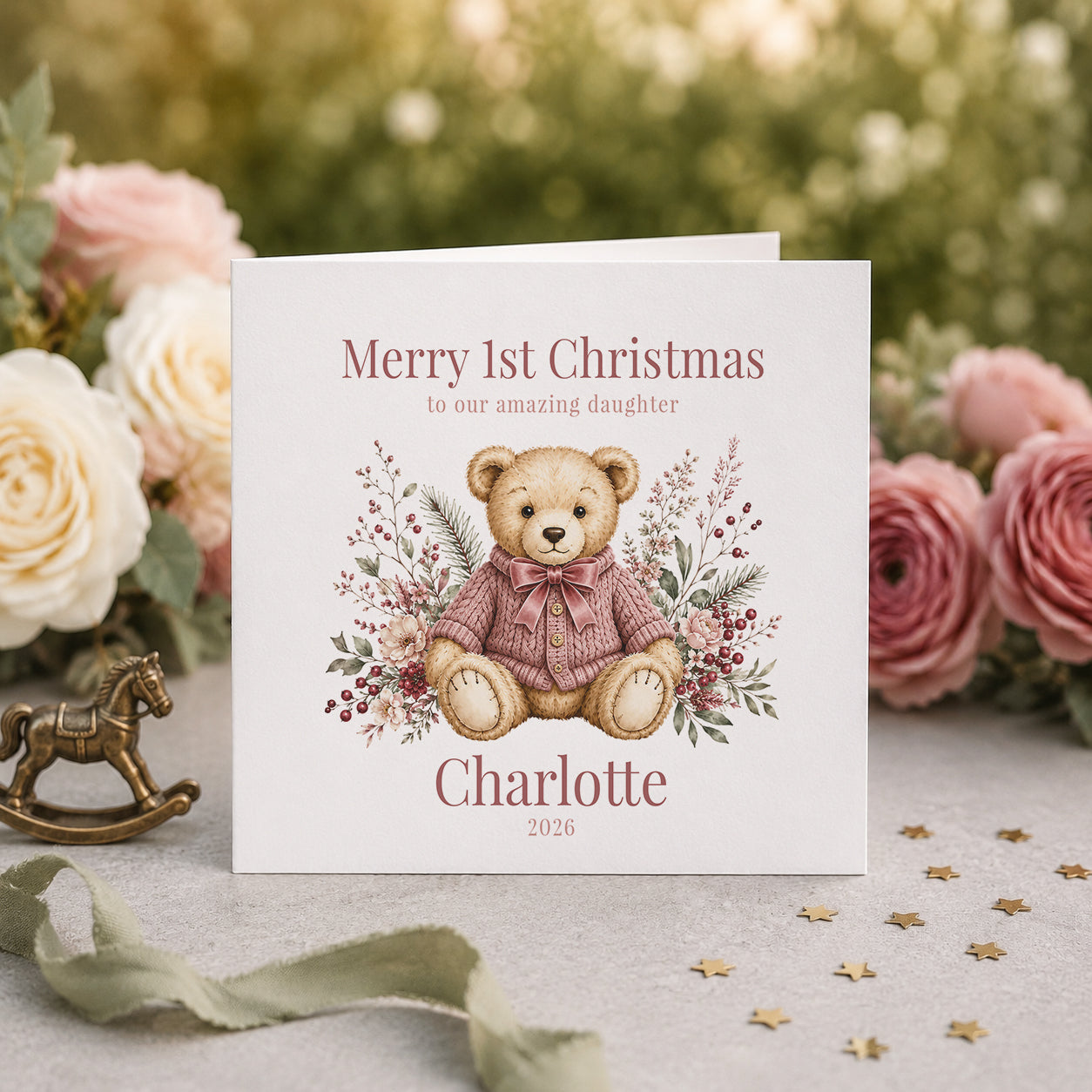 Daughter First Christmas Card, Dusty Rose Heirloom Teddy