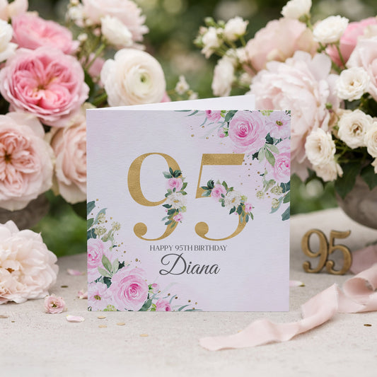 95th Birthday Card for Her – Personalized Pink and Gold Floral Card - Pretty Gifted