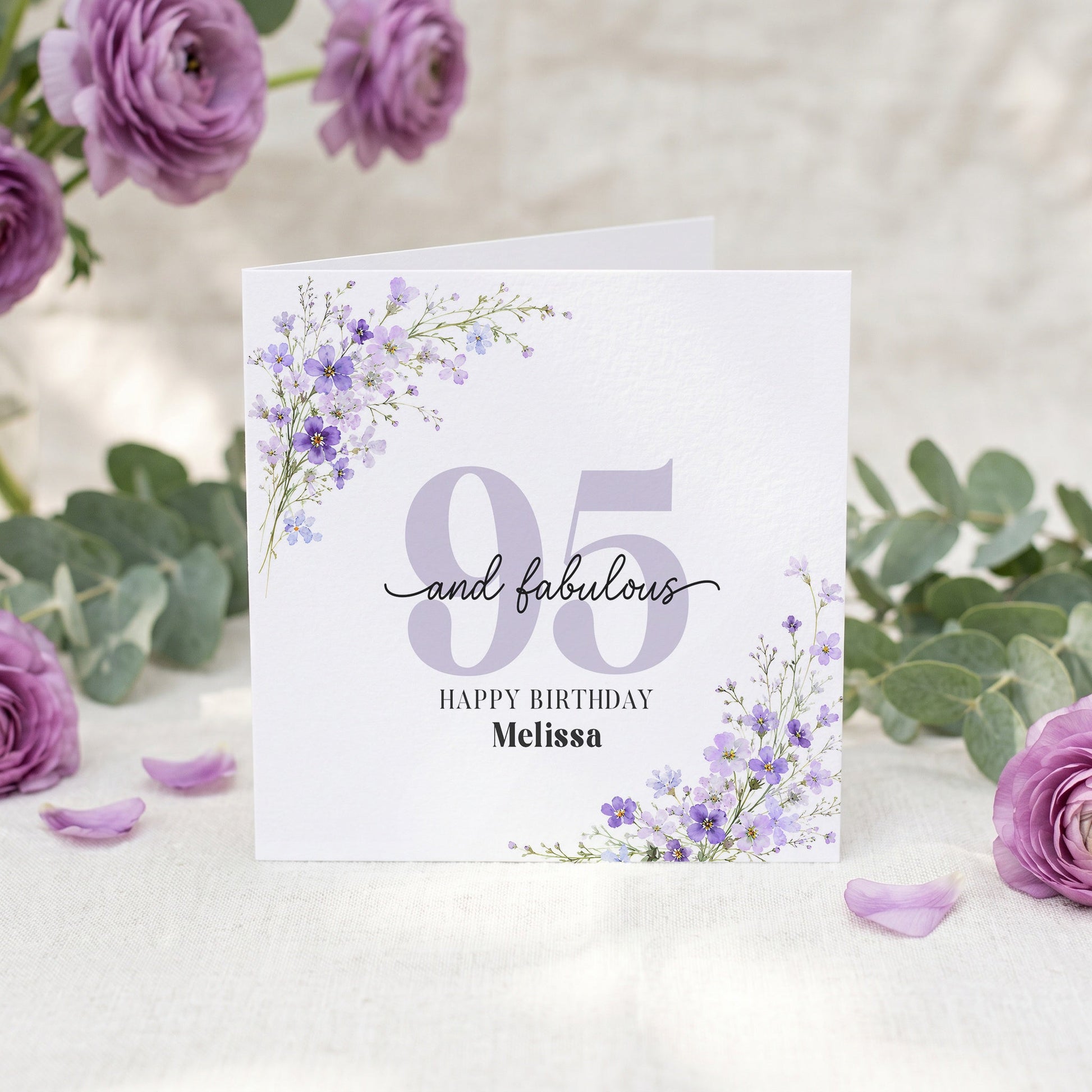 95th Birthday Card for Sister, Personalized Purple Floral - Pretty Gifted