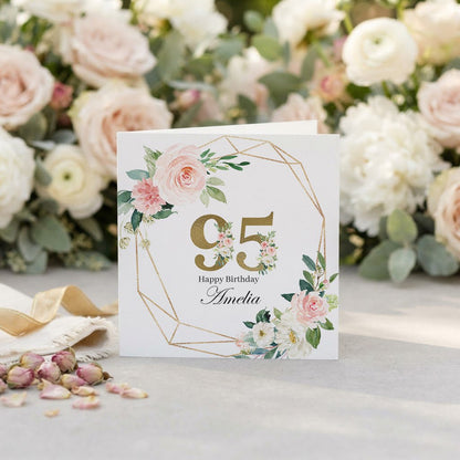 95th Birthday Card, Personalized Blush and Gold Floral - Pretty Gifted