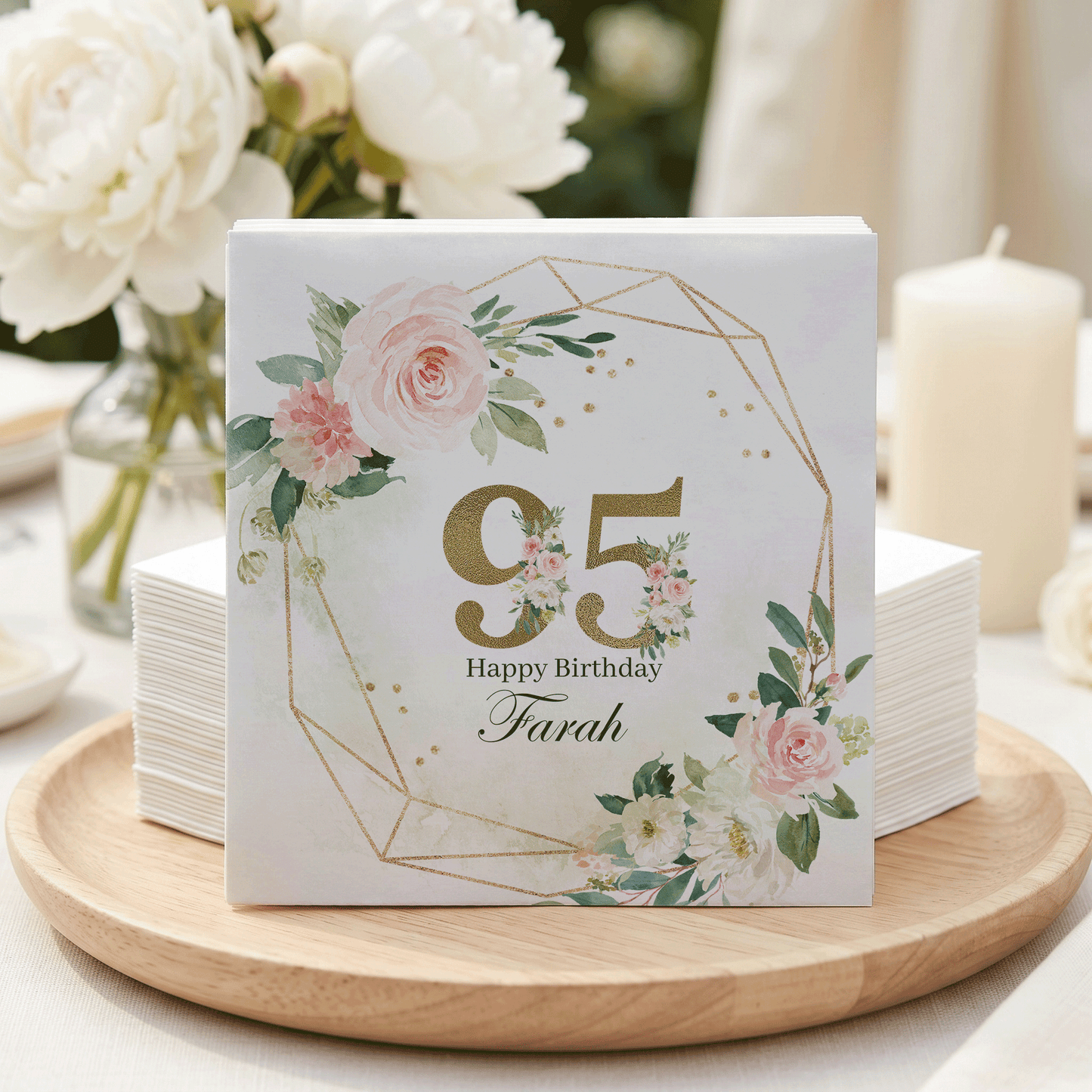 95th Birthday Napkins, Blush Floral Gold Geometric, Personalized - Pretty Gifted