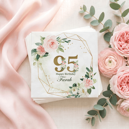 95th Birthday Napkins, Blush Floral Gold Geometric, Personalized - Pretty Gifted