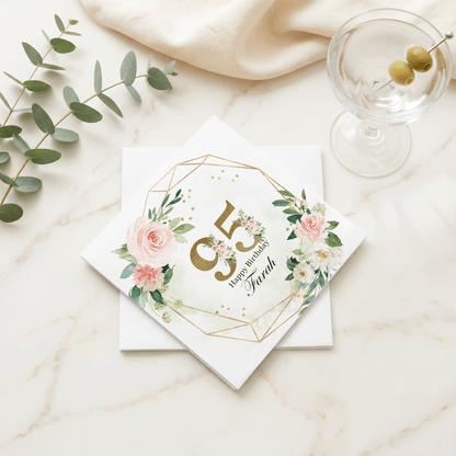 95th Birthday Napkins, Blush Floral Gold Geometric, Personalized - Pretty Gifted