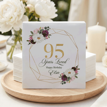 95th Birthday Napkins, Personalized 95 Years Loved - Pretty Gifted