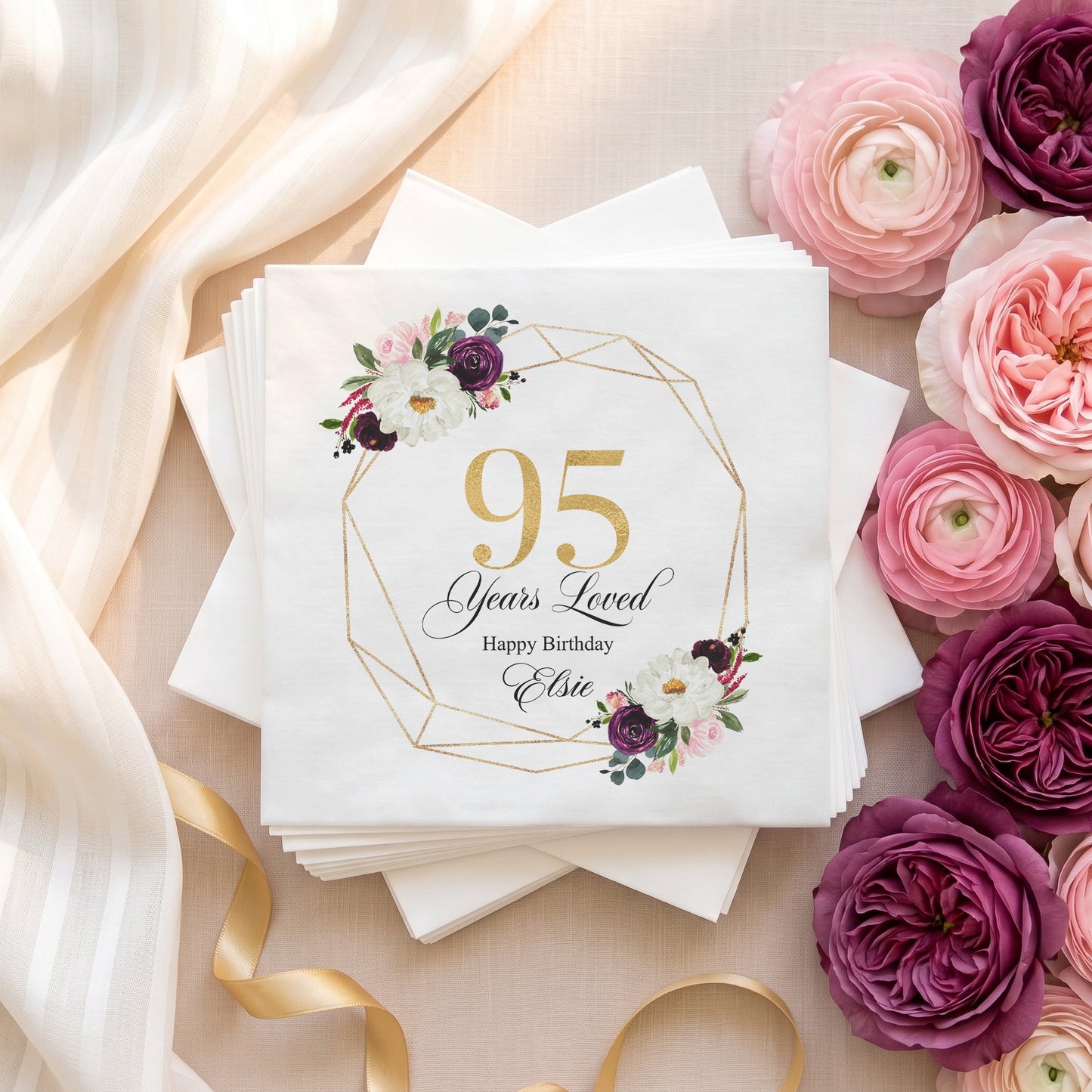 95th Birthday Napkins, Personalized 95 Years Loved - Pretty Gifted